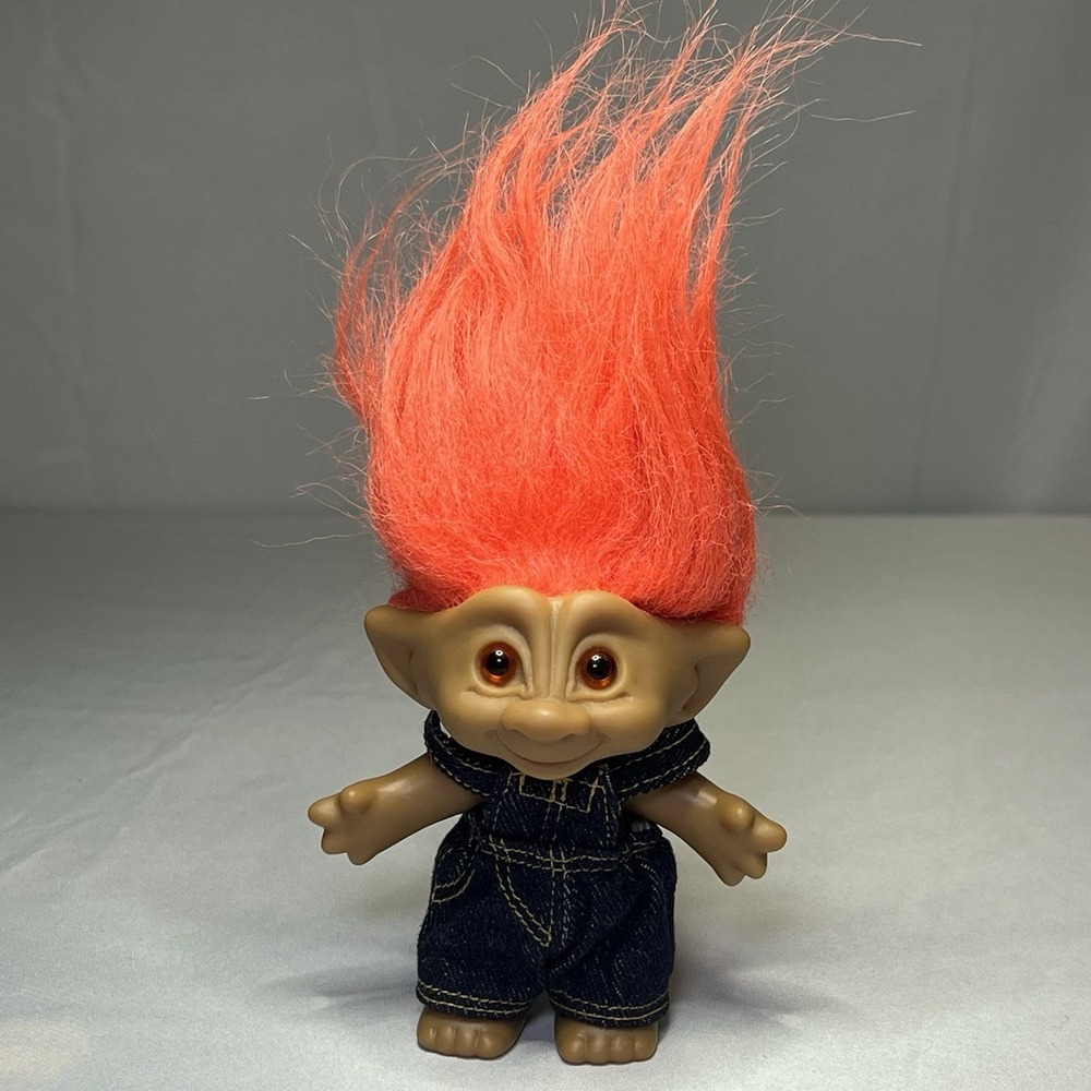 VINTAGE  5" TREASURE TROLL DOLL Denim Overalls‎ Orange HAIR ACE NOVELTY CO.